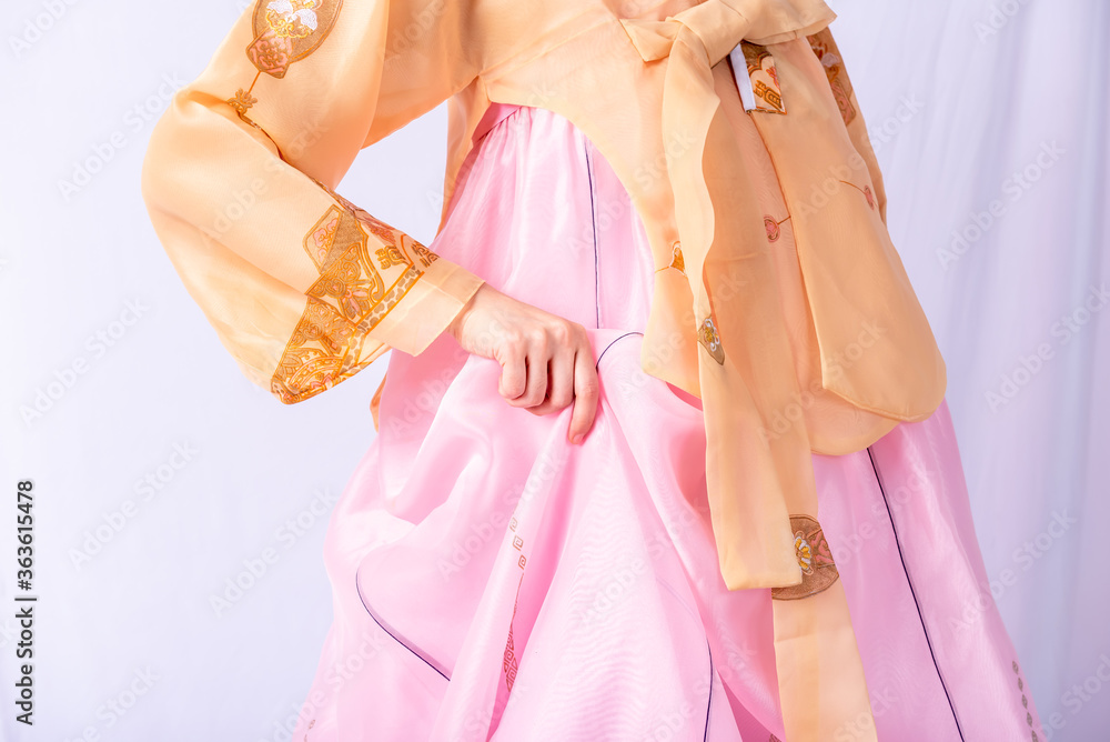 Woman wearing a traditional pink Hanbok, which is a Korean national costome, with her handles on the skirt, On white background