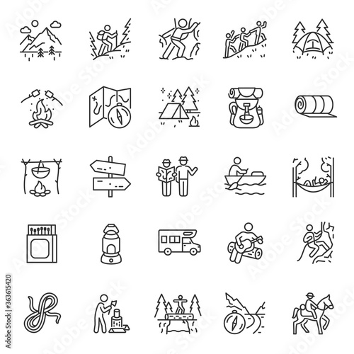 Camping, hiking, icon set. Outdoor leisure and overnight. Attributes for walking, backpacking, linear icons. Line with editable stroke
