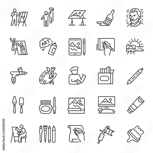 Painting, icon set. Drawing. Visual arts, tools for creating images, linear icons. Line with editable stroke