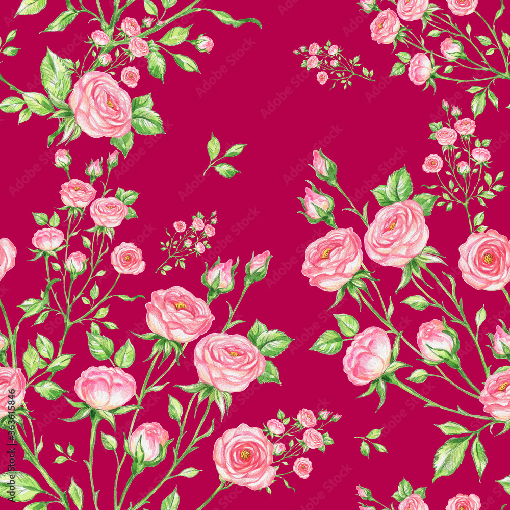 Seamless pattern of bouquets of roses drawn by pencil and paints on paper Seamless pattern of bouquets of roses drawn by pencil and paints on paper