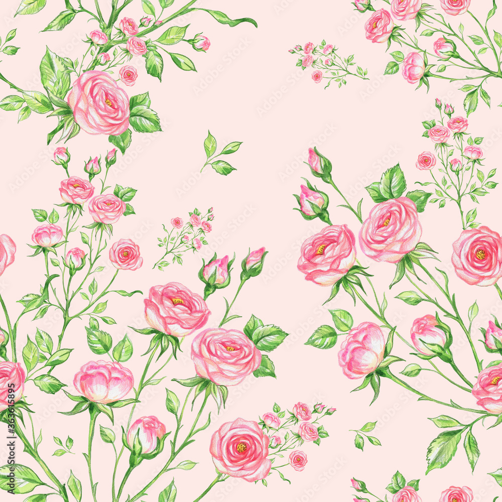 Seamless pattern of bouquets of roses drawn by pencil and paints on paper Seamless pattern of bouquets of roses drawn by pencil and paints on paper