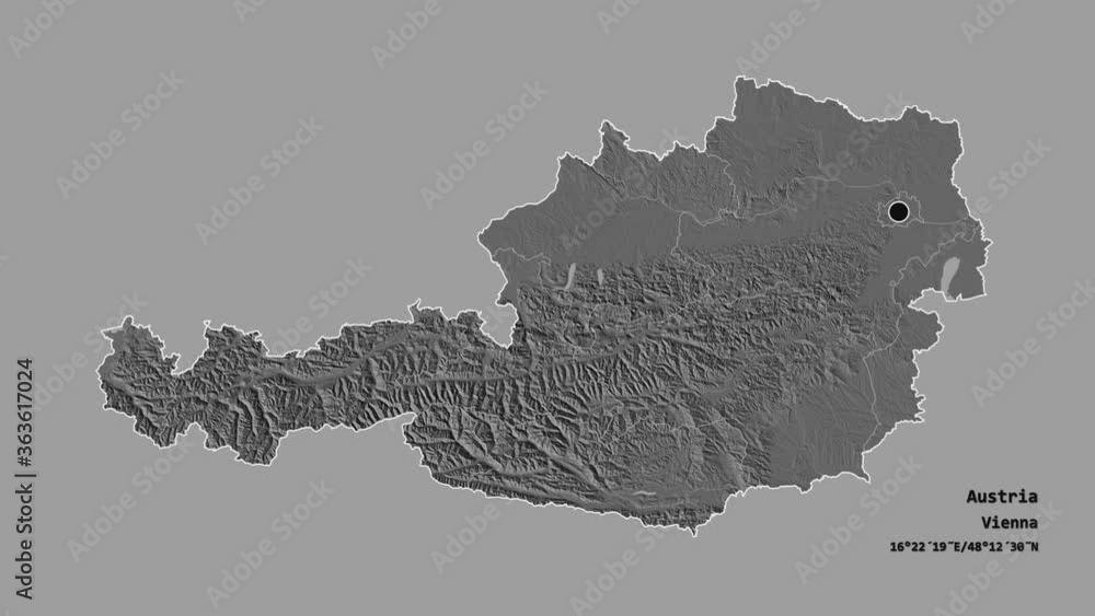 Wien, state of Austria, with its capital, localized, outlined and zoomed with informative overlays on a bilevel map in the Stereographic projection. Animation 3D Wien, state of Austria, with its capital, localized, outlined and zoomed with informative overlays on a bilevel map in the Stereographic projection. Animation 3D