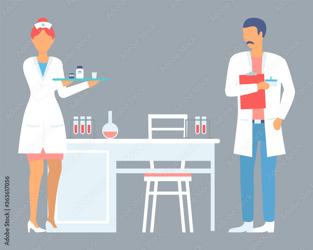 Nurse holding tray with containers with pills or tablets. Doctor physician therapist with clipboard, patient anamnesis. Laboratory flasks at table with blood or sample. Laboratory in clinic, workers