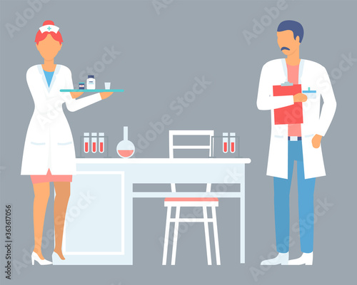Nurse holding tray with containers with pills or tablets. Doctor physician therapist with clipboard, patient anamnesis. Laboratory flasks at table with blood or sample. Laboratory in clinic, workers © robu_s