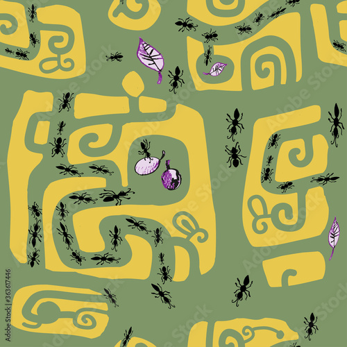 Seamless hand drawn pattern with ants.