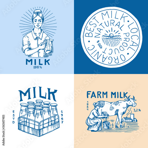 Milk set. Cow and woman farmer, milkmaid and jug, blot and bottles, packaging and meadow, man holds a glass. Vintage logo for shop. Badge for t-shirts. Hand Drawn engrave sketch. Vector illustration.