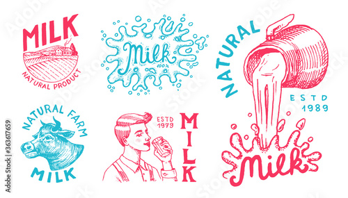 Milk set. Cow and woman farmer, milkmaid and jug, blot and bottles, packaging and meadow, man holds a glass. Vintage logo for shop. Badge for t-shirts. Hand Drawn engrave sketch. Vector illustration.