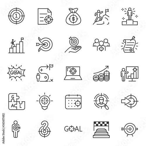 Goal, icon set. Achieving success and goals. Target, aim, linear icons. Line with editable stroke
