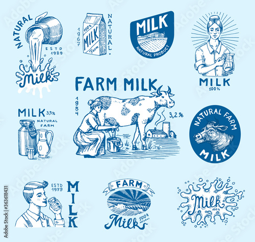Milk set. Cow and woman farmer, milkmaid and jug, blot and bottles, packaging and meadow, man holds a glass. Vintage logo for shop. Badge for t-shirts. Hand Drawn engrave sketch. Vector illustration.