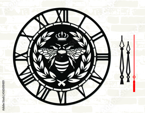 Heraldic wall clock template. Simple clock face with numerals and arrow. Vector watch. Silhouette dial. Digital cut vector with queen bee. Home decor. Laser metal or wood cutting. Cnc plasma cutter.