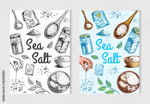 Sea salt posters and banners. Vintage labels. Glass bottles, packaging and and leaves, wooden spoons, powdered powder, spice in the hand. Engraved hand drawn sketch background. 