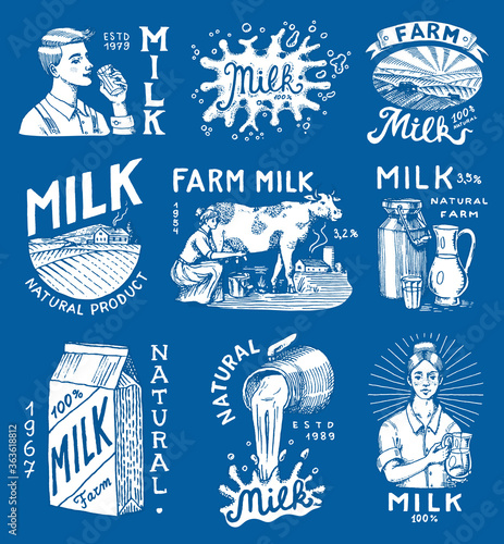 Milk set. Cow and woman farmer, milkmaid and jug, blot and bottles, packaging and meadow, man holds a glass. Vintage logo for shop. Badge for t-shirts. Hand Drawn engrave sketch. Vector illustration.