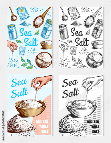 Sea salt posters and banners. Vintage labels. Glass bottles, packaging and and leaves, wooden spoons, powdered powder, spice in the hand. Engraved hand drawn sketch background. 