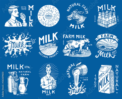 Milk set. Cow and woman farmer, milkmaid and jug, blot and bottles, packaging and meadow, man holds a glass. Vintage logo for shop. Badge for t-shirts. Hand Drawn engrave sketch. Vector illustration.