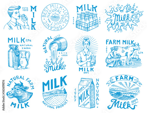 Milk set. Cow and woman farmer, milkmaid and jug, blot and bottles, packaging and meadow, man holds a glass. Vintage logo for shop. Badge for t-shirts. Hand Drawn engrave sketch. Vector illustration.