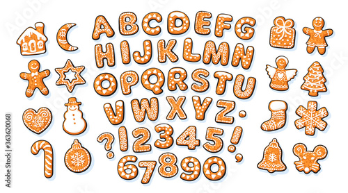Christmas and New Year gingerbread alphabet and cute traditional holiday cookies