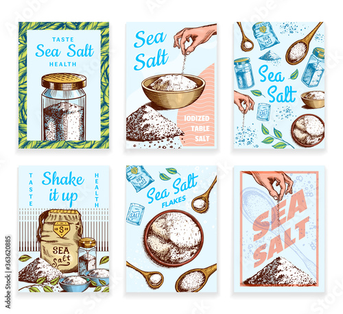 Sea salt posters and banners. Vintage labels. Glass bottles, packaging and and leaves, wooden spoons, powdered powder, spice in the hand. Engraved hand drawn sketch background. 
