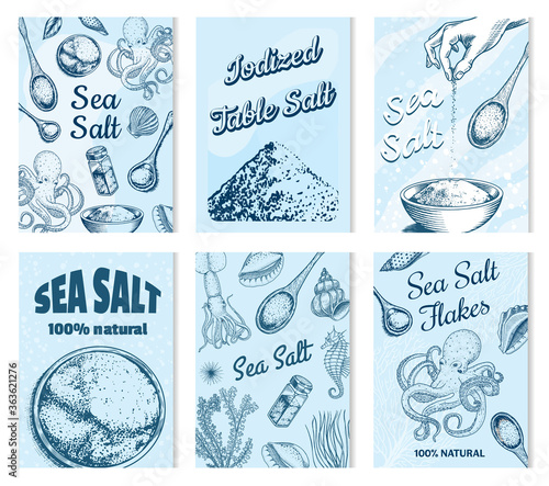 Sea salt posters and banners. Vintage labels. Octopus and squid, wooden spoons, powdered powder, spice in the hand. Engraved hand drawn sketch background. 