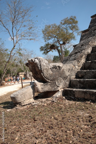View of Feathered stone serpent at the foot of Chichen Itza Osario Pyramid, at Chichen Itza, Mexico. 