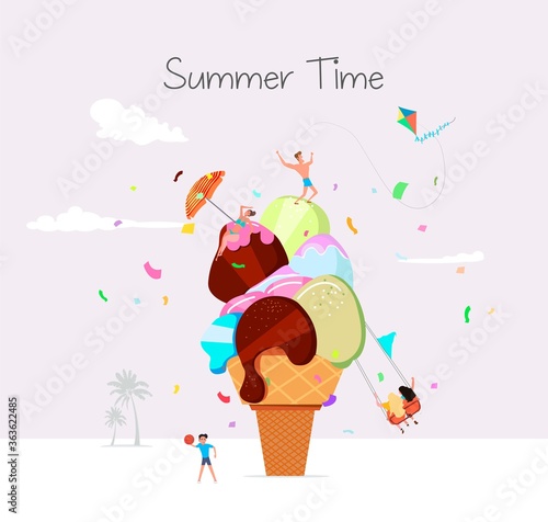 Summer time beach illustration in vector. People sunbathing and having fun against the huge ice cream.