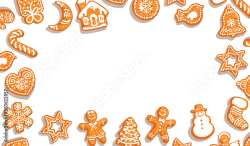 Christmas background. Cute gingerbread cookies on white background with copy space. Vector illustration