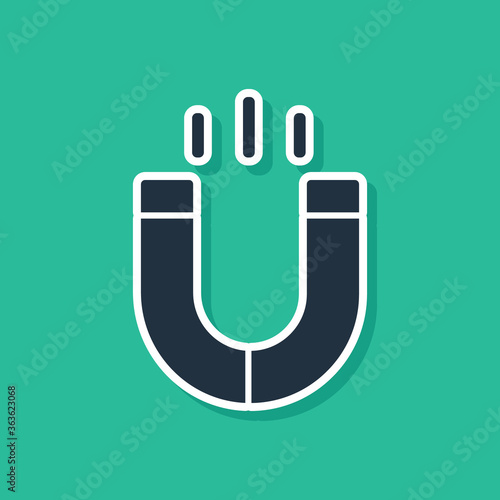 Blue Magnet icon isolated on green background. Horseshoe magnet, magnetism, magnetize, attraction. Vector.