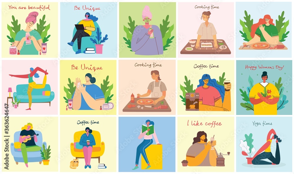 Women activities backgrounds. Women doing yoga, cooking, reading and working concept in the flat style