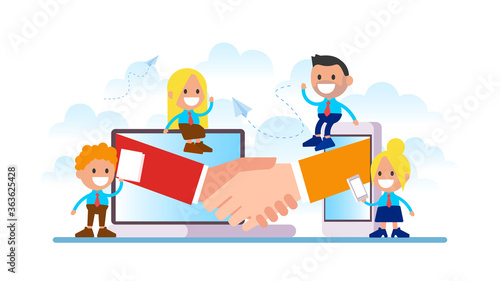 Online handshake of two people demonstrating their agreement to sign agreement or contract between their companies.	
