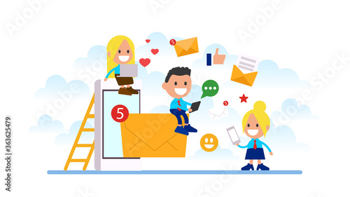 Social network concept. Office workers sending email.	
