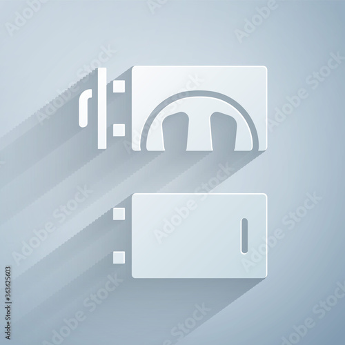 Paper cut Crematorium icon isolated on grey background. Paper art style. Vector.
