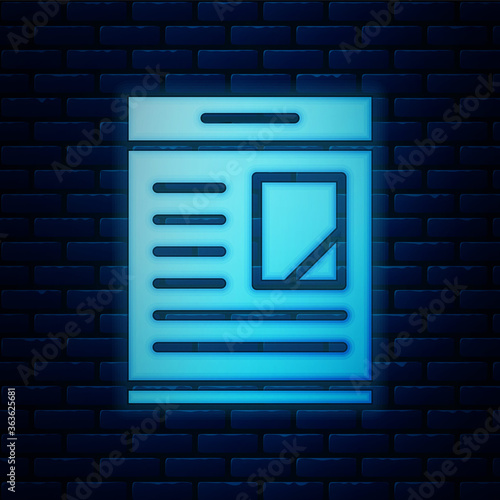 Glowing neon Newspaper advertisement displaying obituaries icon isolated on brick wall background. Vector.