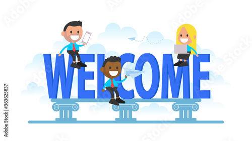 Welcome text word with little office people.	
