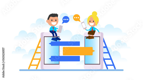 Social network vector concept. People chatting with smartphone.