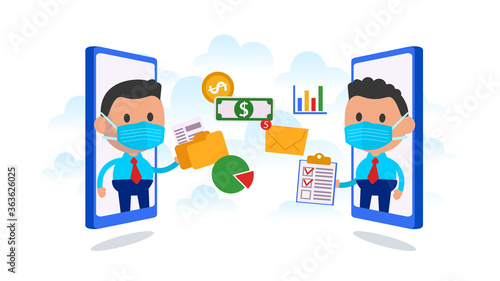 Medical masked business partners working on the phone. Working online concept.