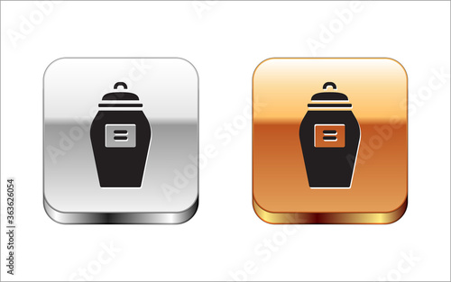 Black Funeral urn icon isolated on white background. Cremation and burial containers, columbarium vases, jars and pots with ashes. Silver-gold square button. Vector.