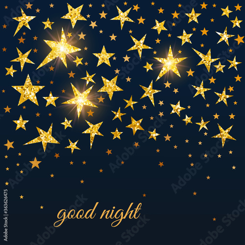 Night time sky with golden glitter stars, good night vector illustration. 