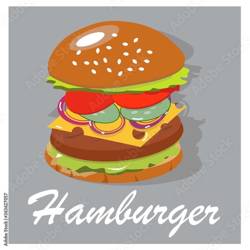 best tasty hamburger in a hot bun. juicy burger components. vector illustration.