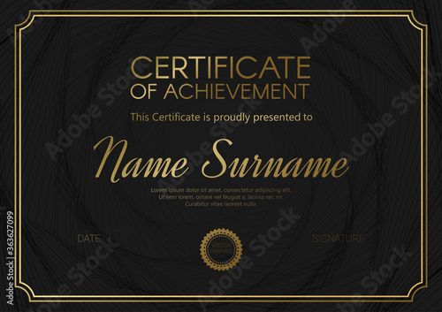 Certificate or diploma template with elegant black - golden design. Vector illustration.