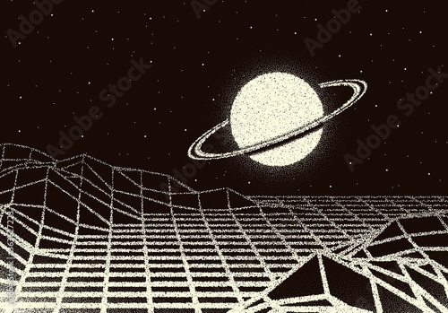 Retro dotwork landscape with 80s styled laser grid, planet and stars background from old sci-fi book or poster