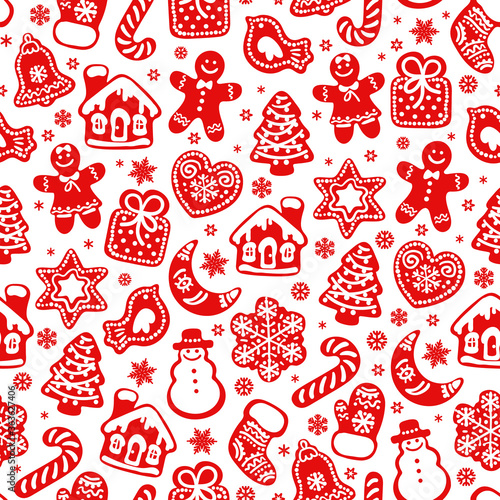 Christmas and New Year seamless pattern. Red silhouette of traditional Christmas gingerbread cookies and snowflakes.