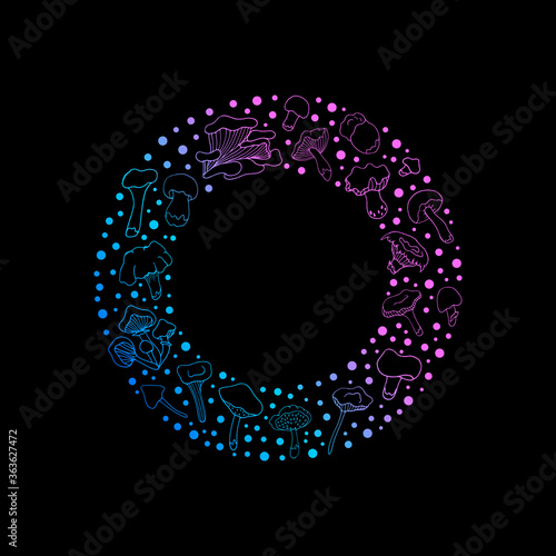 Mushrooms. Design of logos, books, albums, and magazines.  Doodle style. Vector isolated illustration with chanterelles, russules, oyster mushrooms, white mushrooms on a black background. 
