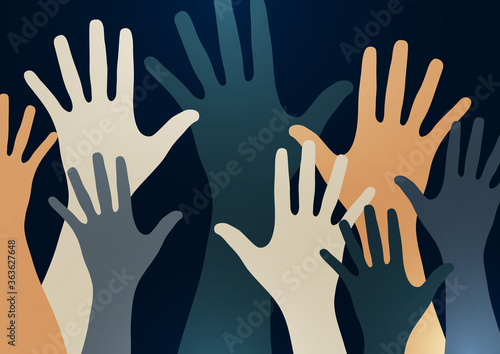 People raise their hands, vote with their hands. The concept of multinationality, diversity, union and power. Volunteering, charity, donations and solidarity.