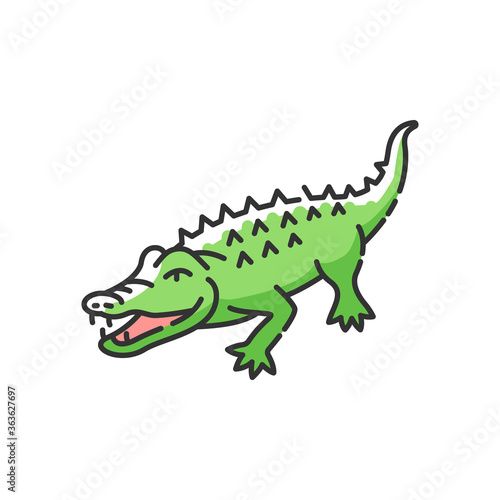 Alligator RGB color icon. Exotic wildlife, dangerous carnivore animal, aquatic predator. Zoo inhabitant. Large reptile, crocodile isolated vector illustration