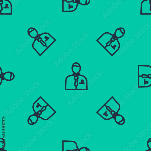 Blue line Businessman or stock market trader icon isolated seamless pattern on green background. Vector Illustration.