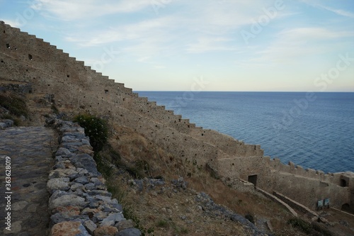 Old wall in Greece (monemvasia) with sea and sky in the background