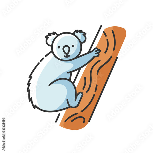 Koala RGB color icon. Cute herbivore animal, australian native fauna, exotic wildlife. Adorable koala bear sitting on eucalyptus tree isolated vector illustration