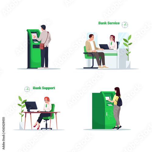 Bank financial service semi flat RGB color vector illustration set. Man use self serving kiosk. Online support advisor. Managers and customers isolated cartoon character on white background collection