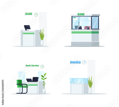 Desk for bank service semi flat RGB color vector illustration set. Manager workplace for customer support. Indoor lobby table. Reception counter isolated cartoon object on white background collection
