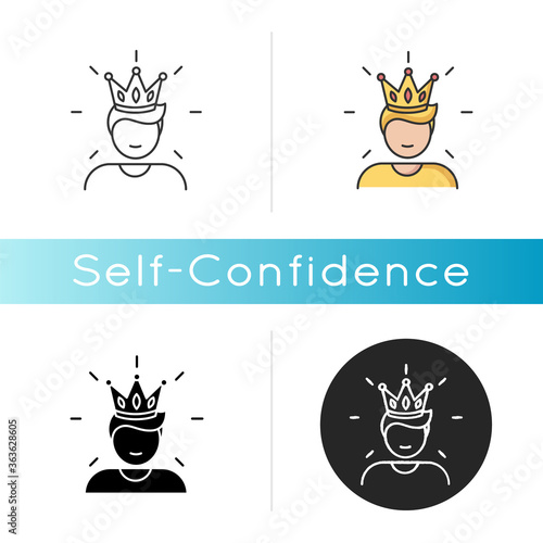 Self confidence icon. Feeling of overconfidence, narcissism. Arrogant attitude. Linear black and RGB color styles. Self assured, egotistical person in crown isolated vector illustrations