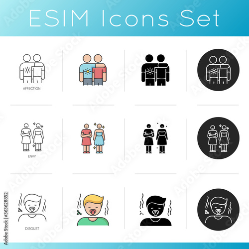 Relationship and emotions icons set. Feelings of affection, envy and disgust. Linear, black and RGB color styles. Emotional attachment, jealousy and strong revulsion. Isolated vector illustrations